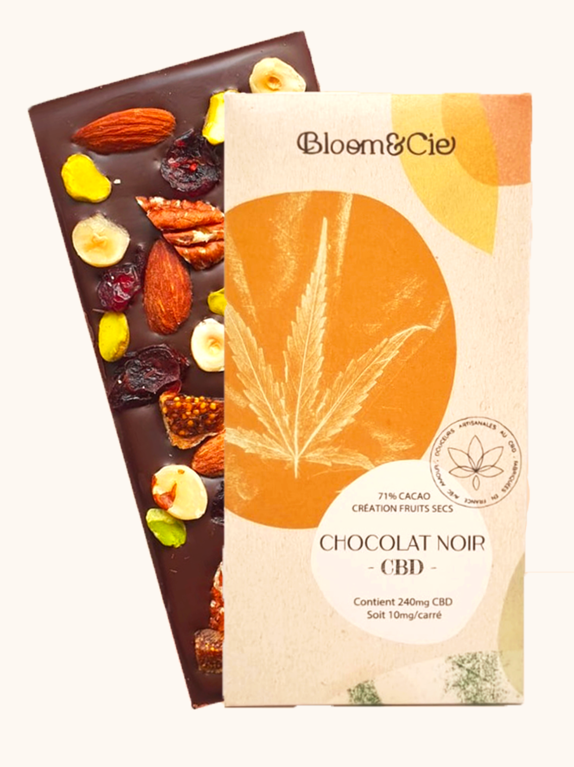 Tablette chocolat noir création fruits secs au CBD